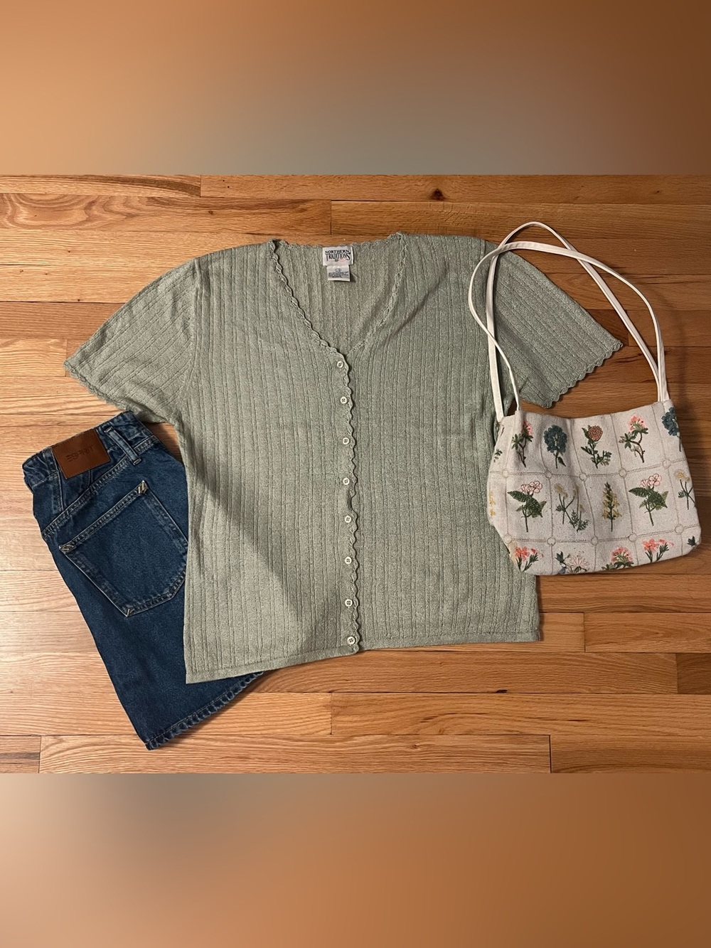 Button-Front Ribbed Knit Top in Sage Green